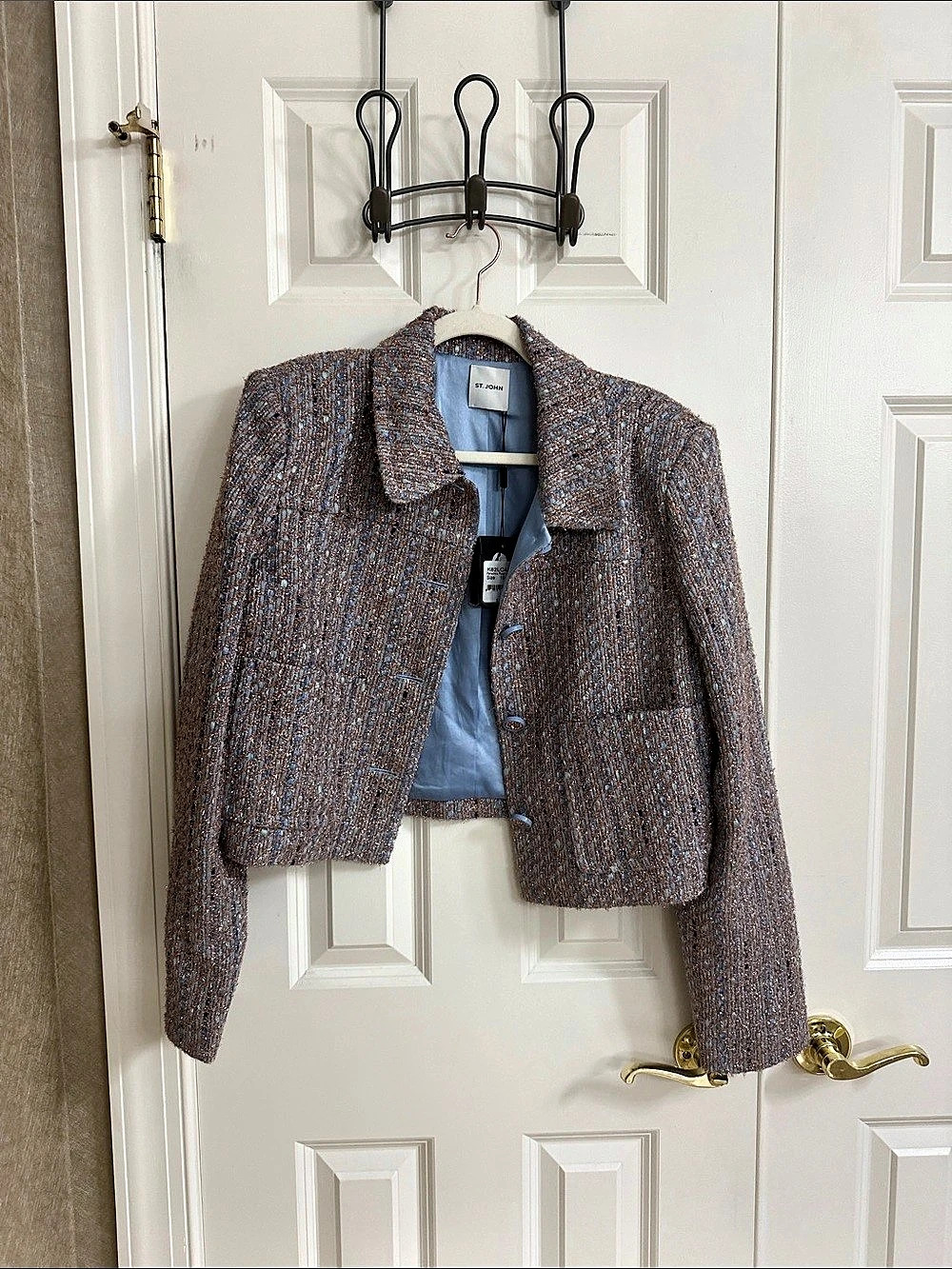 St. John K82LC42 Tweed Cropped Jacket in Brown & Blue Size 10 NWT